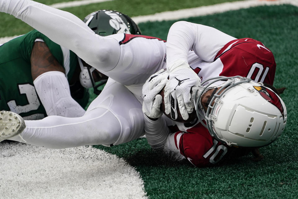 Arizona Cardinals wide receiver DeAndre Hopkins scores a touchdown during the second half of an NFL football game against the New York Jets, Sunday, Oct. 11, 2020, in East Rutherford. (AP Photo/Seth Wenig)