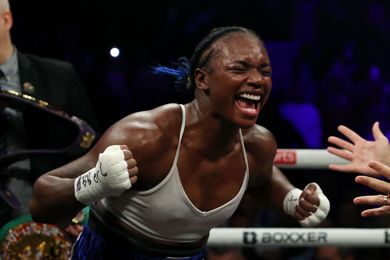 LONDON, ENGLAND - OCTOBER 15: Claressa Shields celebrates victory after the IBF, WBA, WBC, WBO World Middleweight Title fight between Claressa Shields and Savannah Marshall on the Shields vs Marshall Boxxer fight night which is the first women's only boxing card in the UK at The O2 Arena on October 15, 2022 in London, England. (Photo by James Chance/Getty Images)