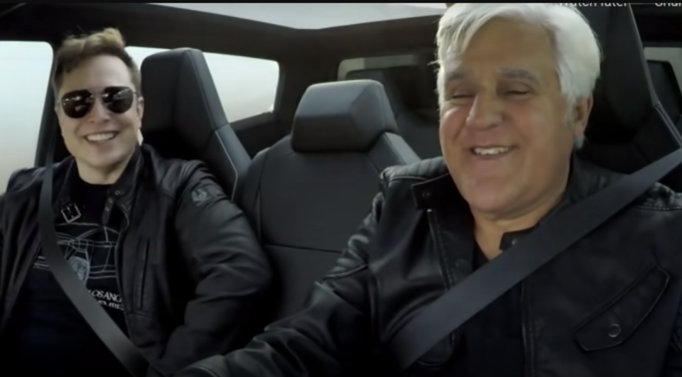 Elon Musk and Jay Leno driving the Tesla Cybertruck. (Photo: Jay Leno's Garage)