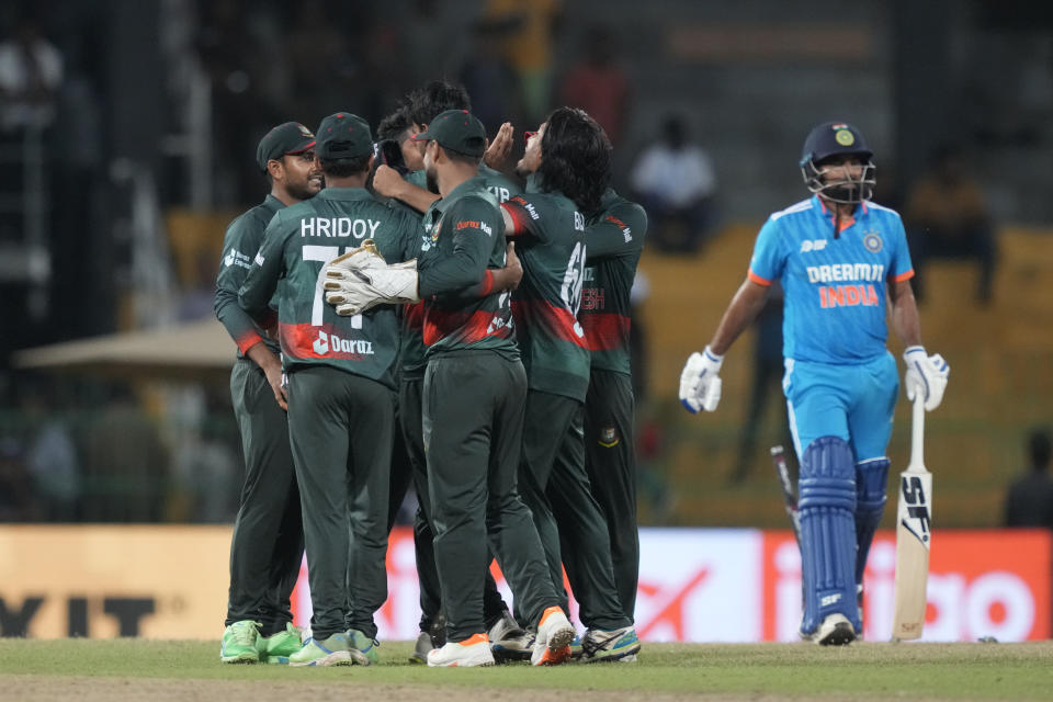 Bangladesh's team members celebrate their six runs win over India in the Asia Cup cricket match between Bangladesh and India in Colombo, Sri Lanka, Friday, Sept.15, 2023. (AP Photo/Eranga Jayawardena)