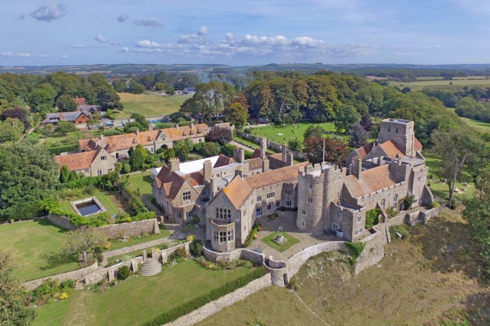 An overhead view of Lympne Castle, surrounded by high walls.