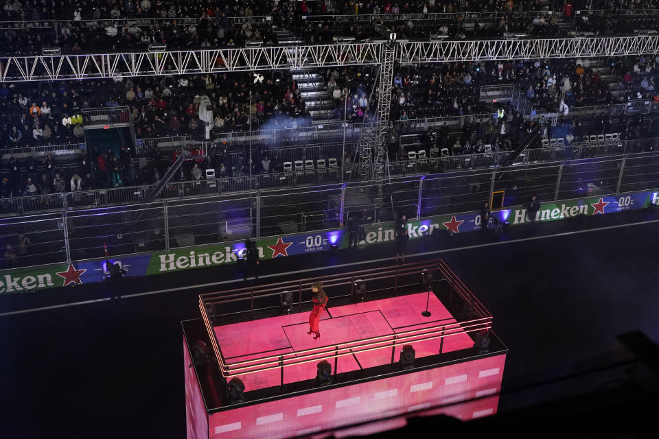 Andra Day perfroms during an opening ceremony for the Formula One Las Vegas Grand Prix auto race, Wednesday, Nov. 15, 2023, in Las Vegas. (AP Photo/Darron Cummings)