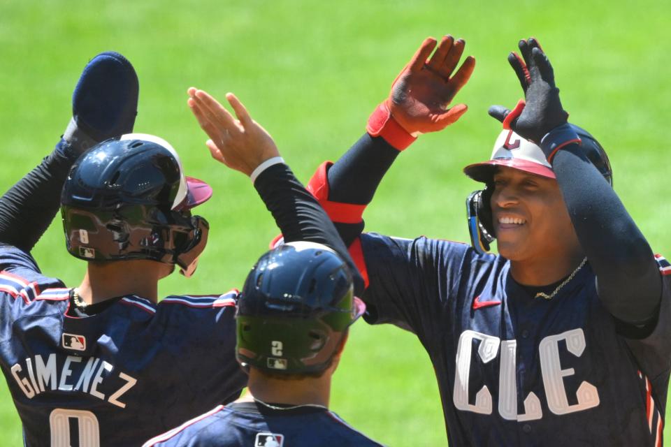 Jul 7, 2024; Cleveland, Ohio, USA; Cleveland Guardians catcher Bo Naylor (23) celebrates his three-run, pinch-hit home run in the sixth inning against the San Francisco Giants at Progressive Field. Mandatory Credit: David Richard-USA TODAY Sports