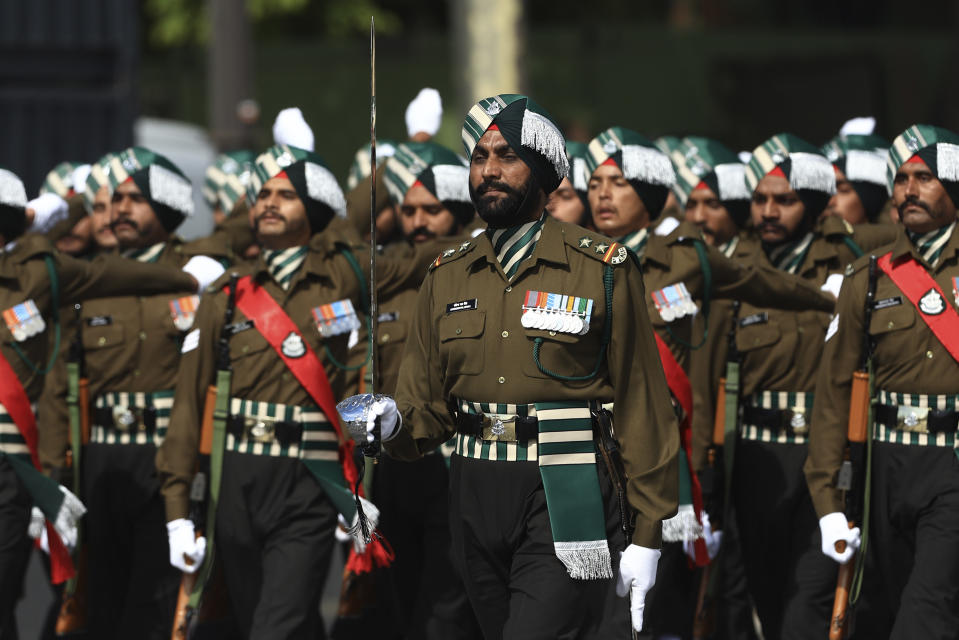 Indian troops march during the Bastille Day military parade Friday, July 14, 2023 in Paris. India is the guest of honor at this year's Bastille Day parade, with Prime Minister Narendra Modi in the presidential tribune alongside French President Emmanuel Macron. (AP Photo/Aurelien Morissard)