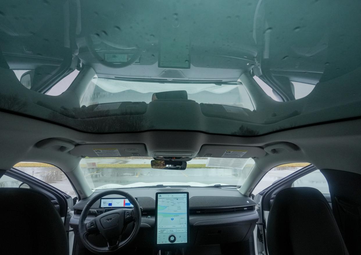 The glass roof seen inside of the 2021 Ford Mustang Mach-e Wednesday, Dec. 14, 2022, in Milwaukee.