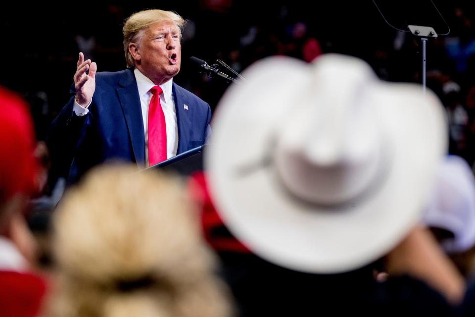 President Donald Trump speaks at a campaign rally at American Airlines Arena in Dallas, Texas, Thursday, Oct. 17, 2019.