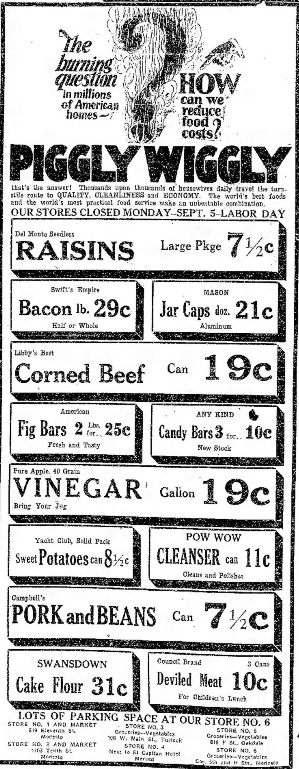 An advertisement for the Piggy Wiggly grocery chain that ran Sept. 2, 1927, in the Modesto News-Herald.