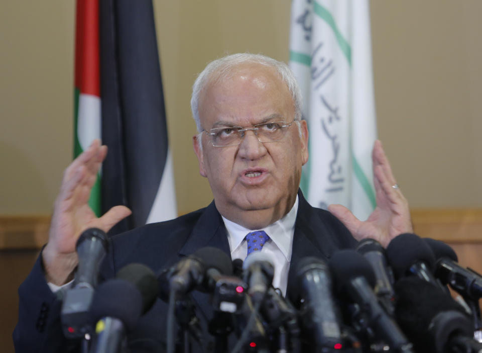 Palestinian Saeb Erekat, a veteran peace negotiator, speaks during a press conference in the West Bank city of Ramallah, Tuesday, Sept. 11, 2018. (AP Photo/Nasser Shiyoukhi)
