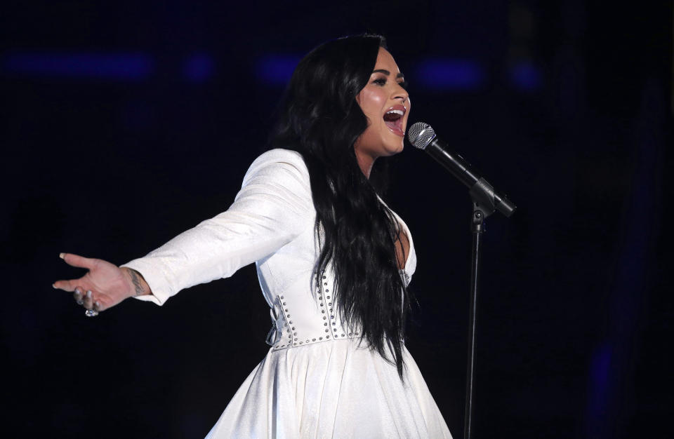 Demi Lovato performs "Anyone" at the 62nd annual Grammy Awards on Sunday, Jan. 26, 2020, in Los Angeles. (Photo by Matt Sayles/Invision/AP)