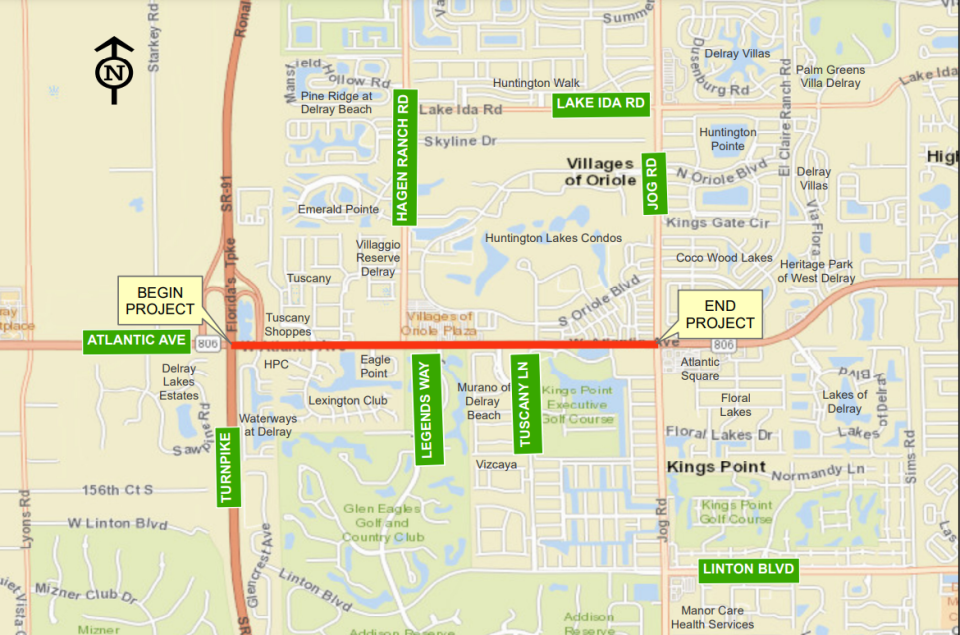 This map shows the proposed widening project on West Atlantic Avenue from Florida's Turnpike to Jog Road, west of Delray Beach.