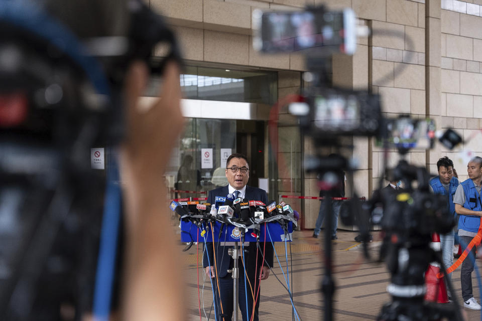 Steve Li Kwai-Wah, senior superintendent at Hong Kong Police Force's national security department, speaks to the members of media at the West Kowloon Magistrates' Courts in Hong Kong, Thursday, May 30, 2024. Fourteen pro-democracy activists were convicted in Hong Kong’s biggest national security case on Thursday by a court that said their plan to effect change through an unofficial primary election would have undermined the government’s authority and created a constitutional crisis.(AP Photo/Chan Long Hei)