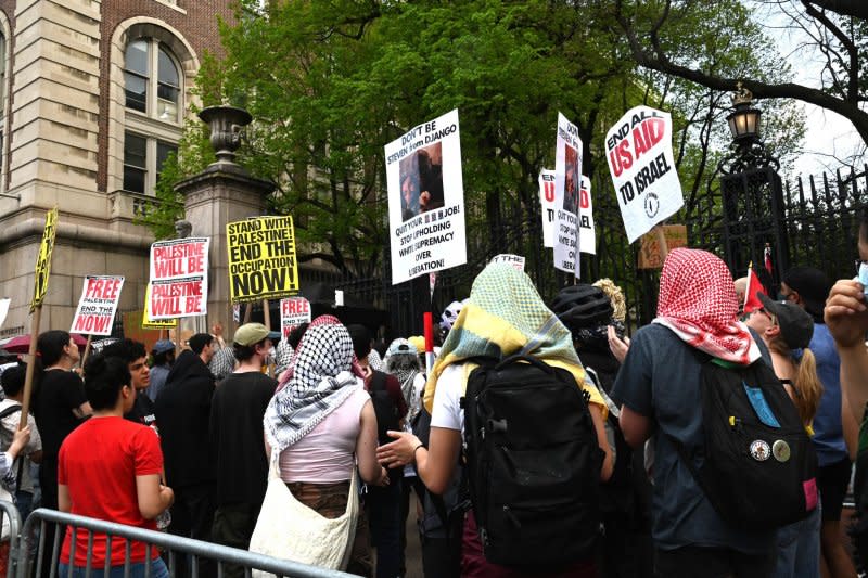 Pro-Palestine protesters gather in front of Columbia University in New York City on Monday. Student protest leaders said recently they had been negotiating with university leadership, but that the university's offers fell short regarding divestment from Israel-linked organizations and amnesty for students and faculty who have been punished for their involvement in the protests. Photo by Louis Lanzano/UPI