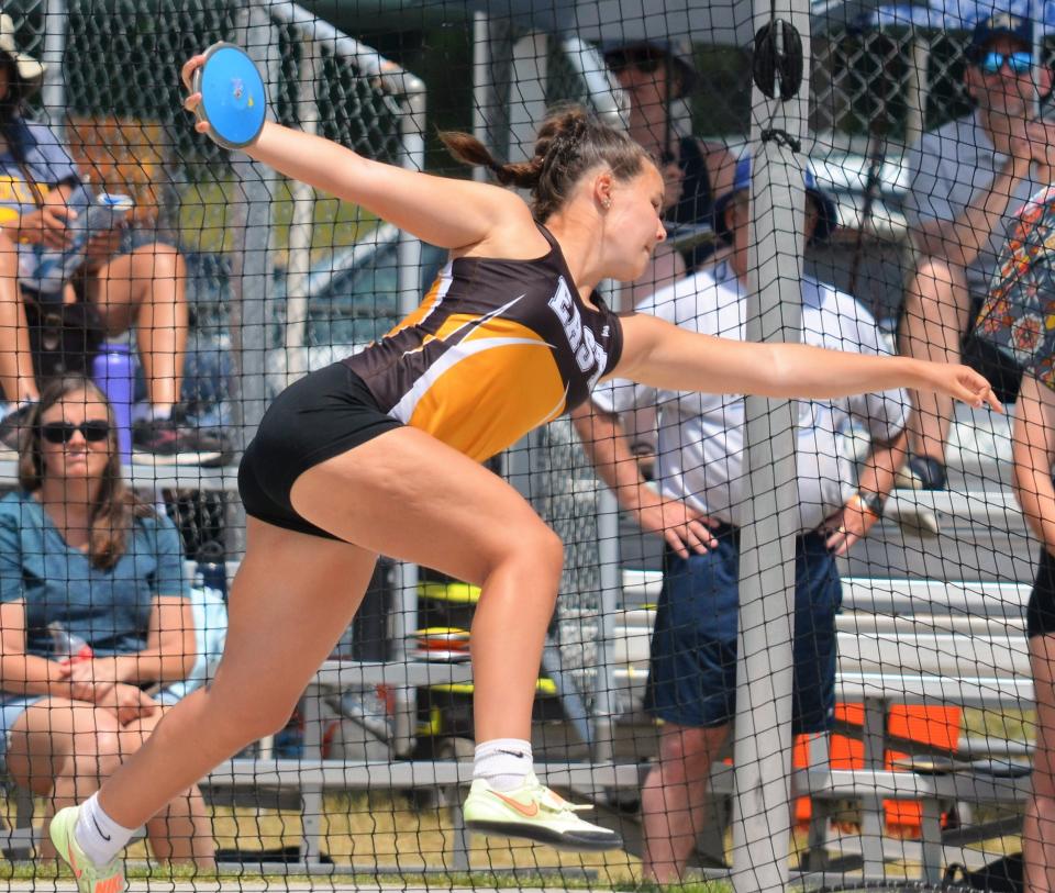 Zeeland East's Anna Tilden competes in the discus during the Division 1 state finals on Saturday, June 3, 2023, at Rockford High School.