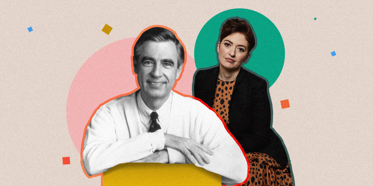 Fred Rogers' renaissance continues thanks to Marielle Heller. (Photo: Illustration: Isabella Carapella/HuffPost; Photos: Getty and AP Images)