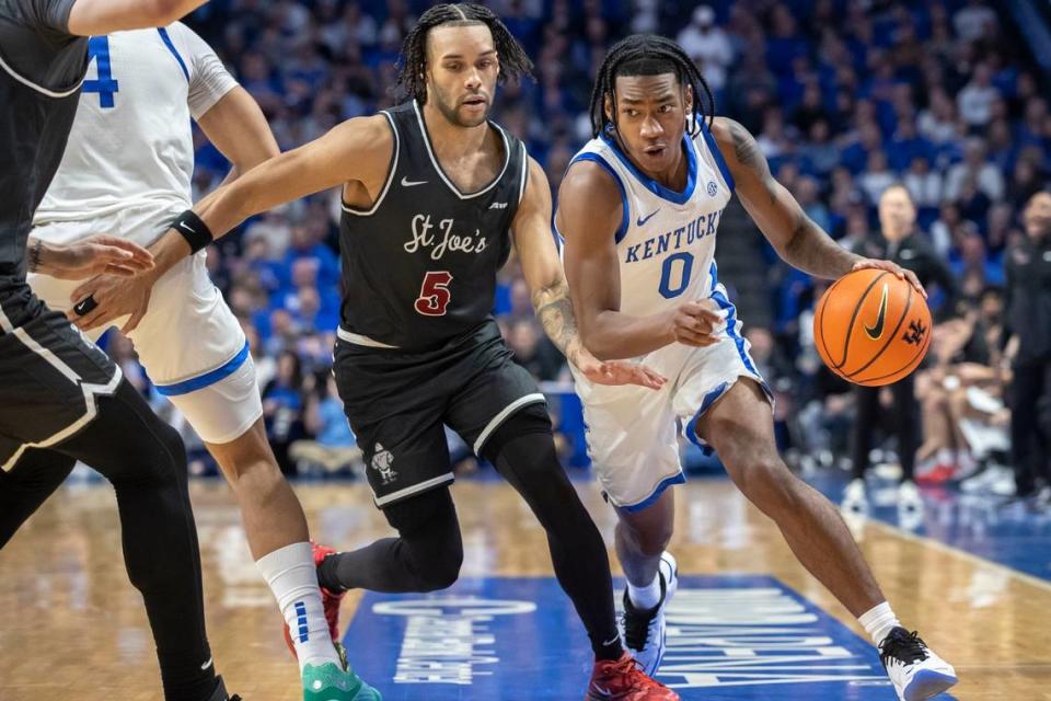 Kentucky freshman guard Rob Dillingham (0) and the No. 16 Wildcats will face No. 10 Miami in the inaugural ACC/SEC Challenge Tuesday night at Rupp Arena.