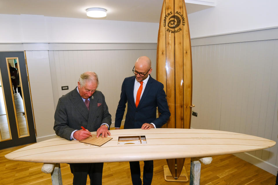 NEWQUAY, ENGLAND - MARCH 06: Prince Charles, Prince of Wales attends a reception to celebrate the 30th anniversary of Surfers Against Sewage and officially opens the Nansledan development school on March 6, 2020 in Newquay, England. (Photo by Matt Keeble/Getty Images)