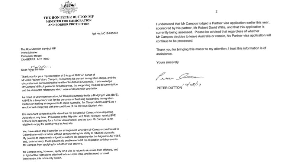 A letter addressed to Malcolm Turnbull from Mr Dutton explains that his office “acknowledges Mr Vilaro’s difficult circumstances.” Photo: Supplied/ Jean Franco Vilaro Campos