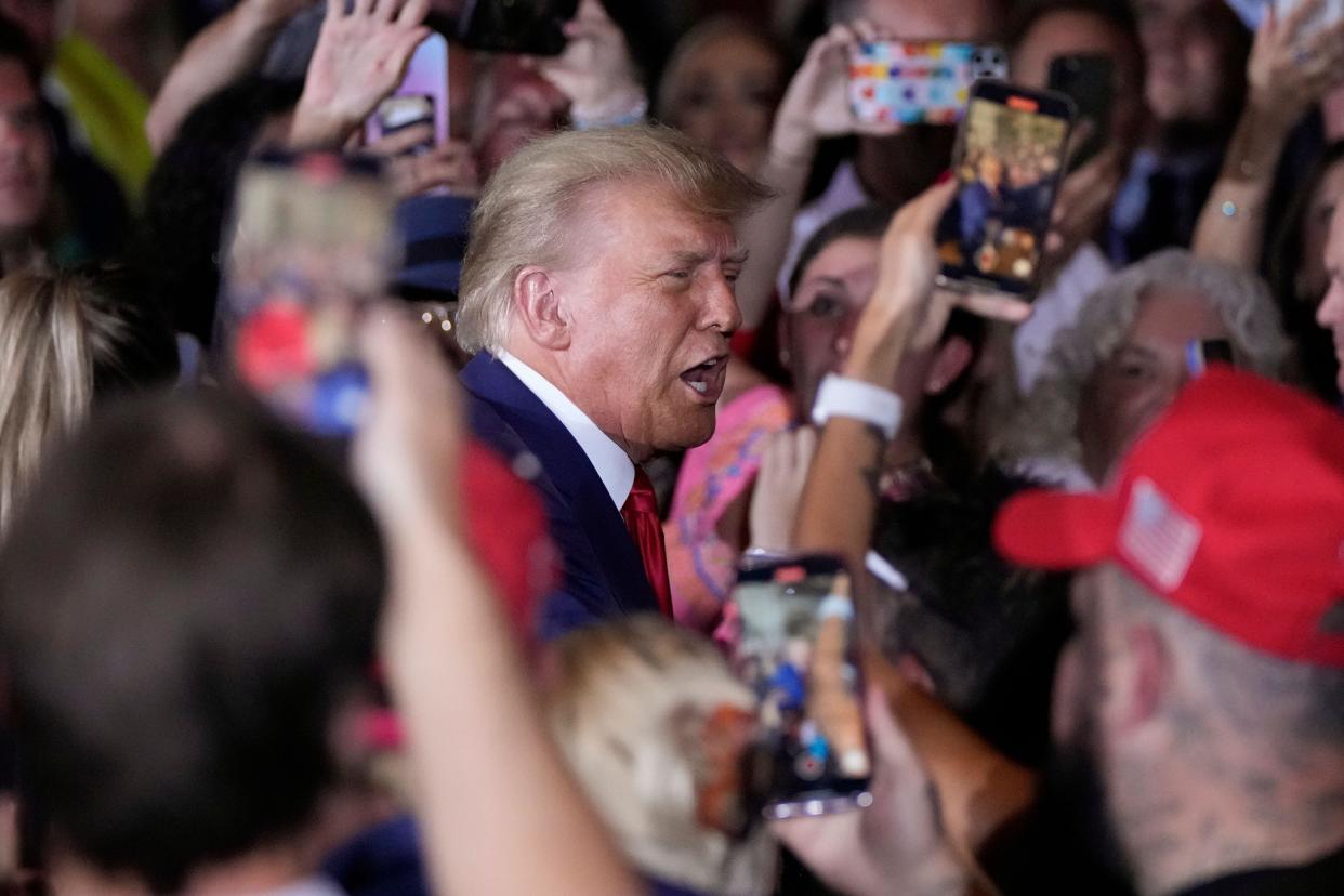 Former President Donald Trump arrives to speak at his Mar-a-Lago estate hours after being arraigned in New York City, Tuesday, April 4, 2023, in Palm Beach, Fla. (AP Photo/Rebecca Blackwell)