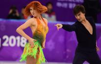 <p>Russia’s Tiffani Zagorski and Jonathan Guerreiro compete during the ice dance short dance of the figure skating event during the Pyeongchang 2018 Winter Olympic Games at the Gangneung Ice Arena in Gangneung on February 19, 2018. / AFP PHOTO / Roberto SCHMIDT </p>