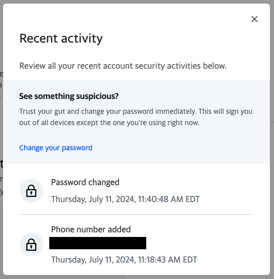 a recent activity window for Yahoo account users, which includes a log of recent account actions, such as password changes.