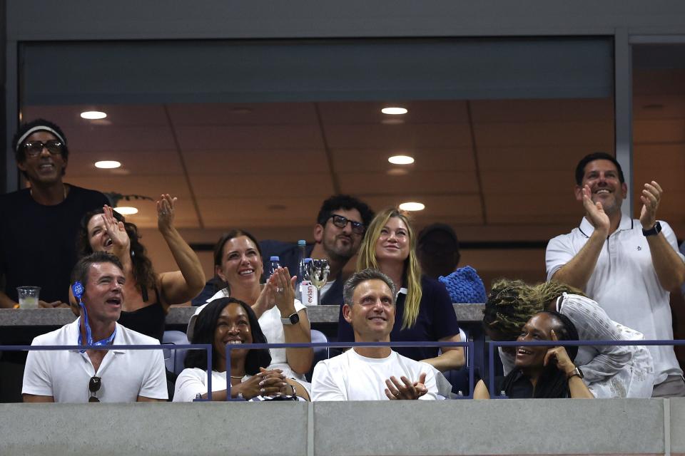 NEW YORK, NEW YORK - SEPTEMBER 01: Music producer Chris Ivery, actress Ellen Pompeo, actress Bellamy Young, and actor Scott Foley react after Frances Tiafoe of the United States wins a game during the fourth set against Alexei Popyrin of Australia during their Men's Singles Fourth Round match on Day Seven of the 2024 US Open at USTA Billie Jean King National Tennis Center on September 01, 2024 in the Flushing neighborhood of the Queens borough of New York City. (Photo by Jamie Squire/Getty Images) ORG XMIT: 776152832 ORIG FILE ID: 2169812961