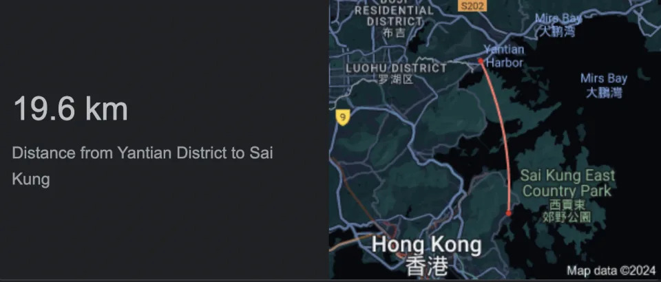 Google Map顯示，深圳鹽田至西貢距離為19.6公里。