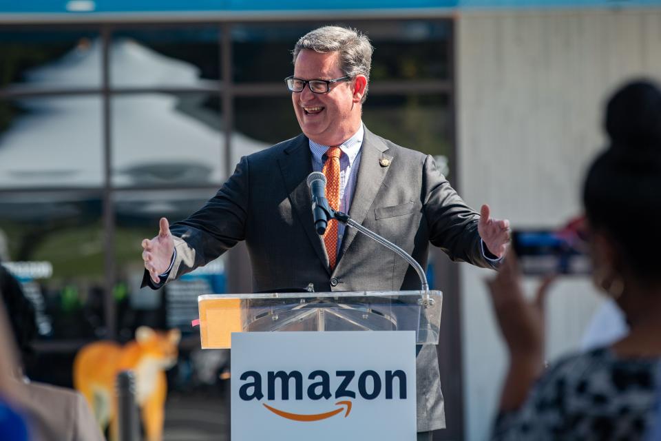 Mayor John Dailey shares his excitement for the Amazon fulfillment center in Tallahassee during the ribbon cutting ceremony on Thursday, Sept. 14, 2023.