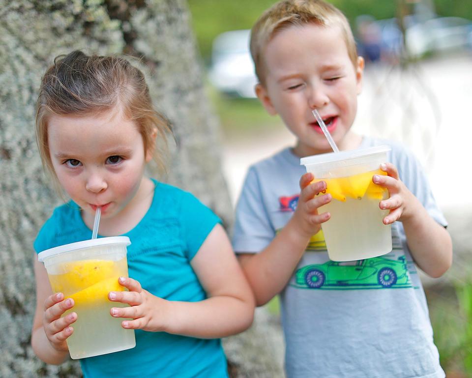 Twins Vivian and Callen Smith, 4, of Plymouth, enjoy lemonade from Pucker Up Lemonade Co. Jordiss Fabrowski, 16, of Halifax, sells the lemonade out of a former horse trailer. Monday, June 19, 2023.