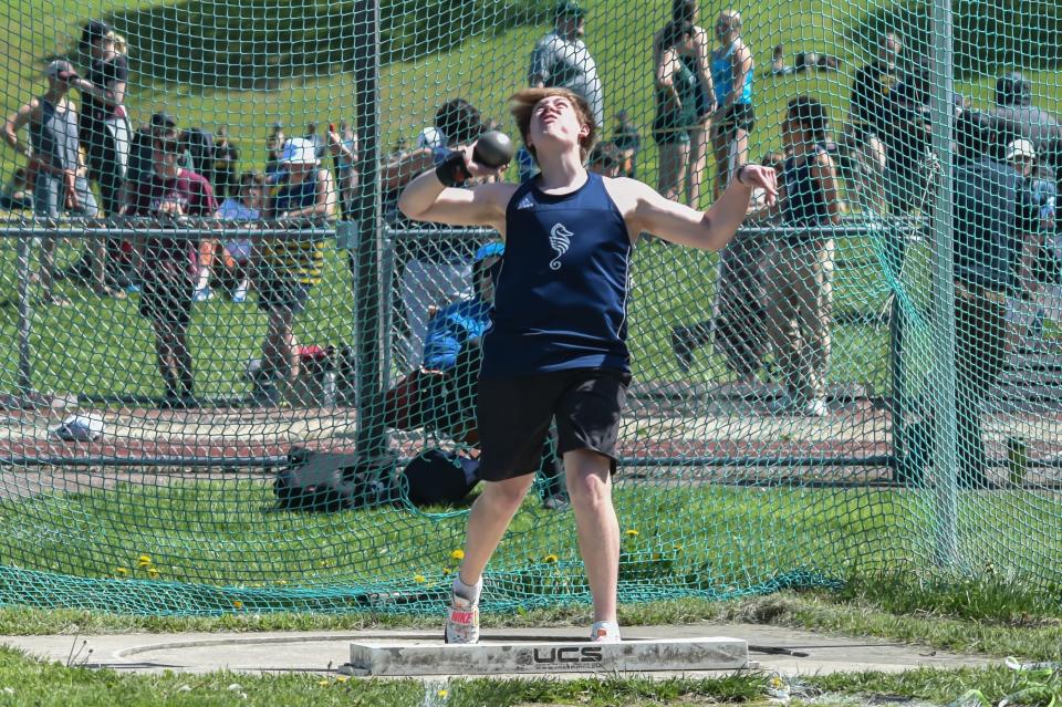 Burlington's Winslow Sightler wins the shot put at the 2023 Burlington Invitational Track and Field Meet.