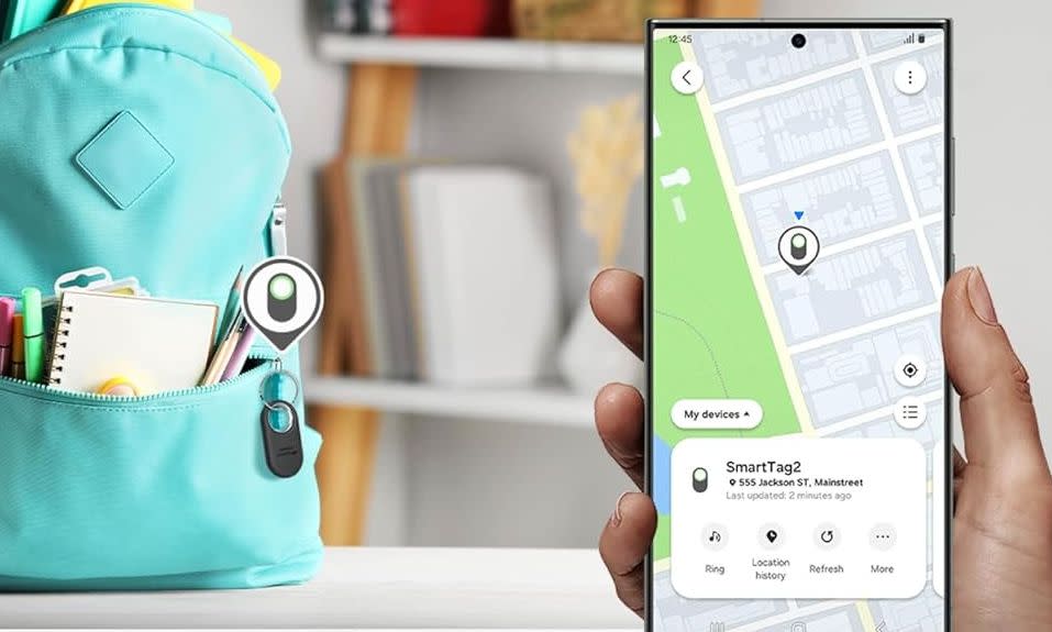 A photo of the Samsung Galaxy SmartTag2 tracker affixed to a backpack and a Galaxy phone showing its location.