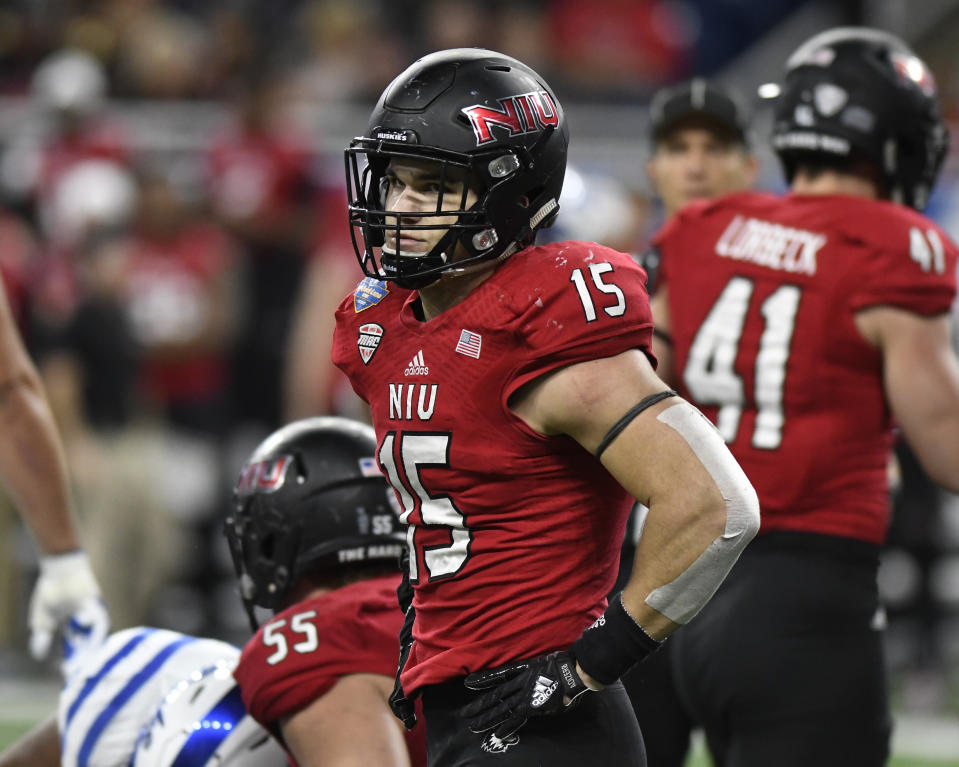 Northern Illinois Huskies defensive end Sutton Smith (15) had 14 sacks last fall. (AP Photo/Jose Juarez)