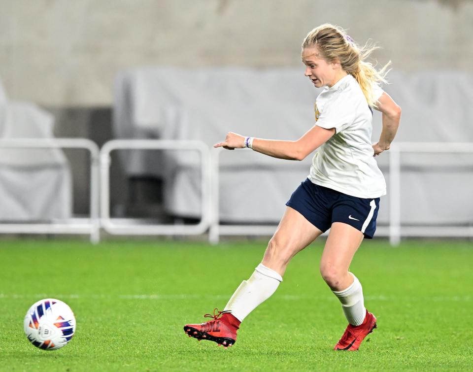 Copley midfielder Emma Stransky attempts a shot during the first half of the OHSAA Division II girls state soccer championship game at Lower.com Field, Friday, Nov. 11, 2022, in Columbus, Ohio.
