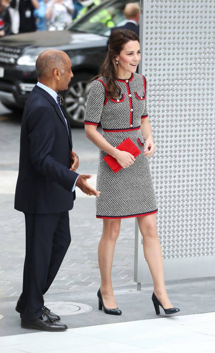 Kate visited the V&A museum wearing a tweed Gucci dress. (Photo: PA)