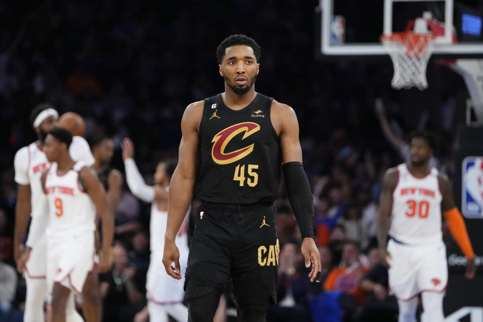 Cleveland Cavaliers' Donovan Mitchell (45) pauses during the second half of Game 3 of the team's NBA basketball first-round playoff series against the New York Knicks on Friday, April 21, 2023, in New York. The Knicks won 99-79. (AP Photo/Frank Franklin II)