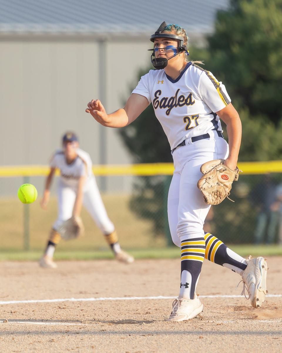 Hartland's Kylie Swierkos pitched a one-hitter and struck out 12 during a 3-0 victory over Grosse Pointe North in a state quarterfinal Wednesday, June 14, 2023 at Wayne State University.