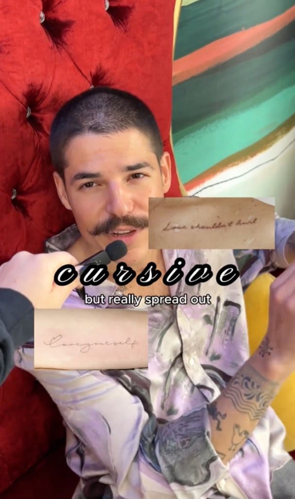 Dainty, spread-out script is now trendy, one artist explained. TikTok / @axiomtattoo