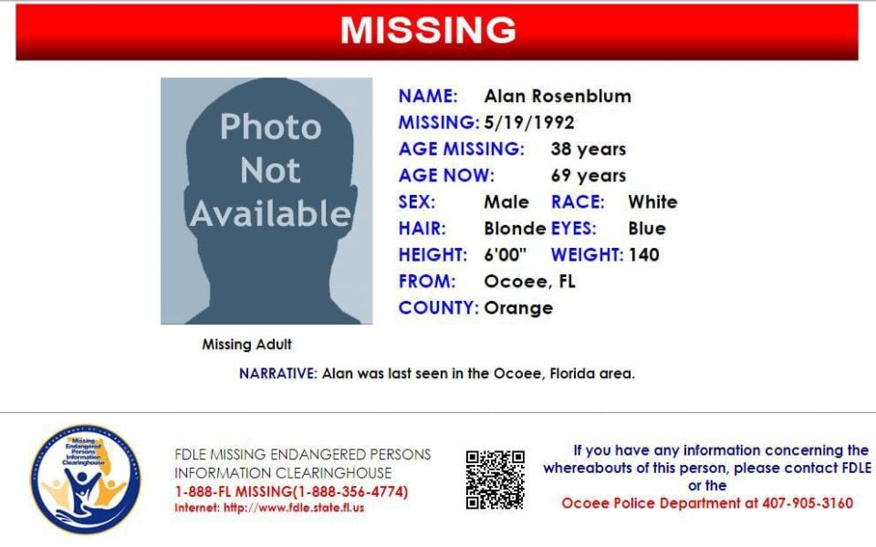 Alan Rosenblum was last seen in Ocoee on May 19, 1992.