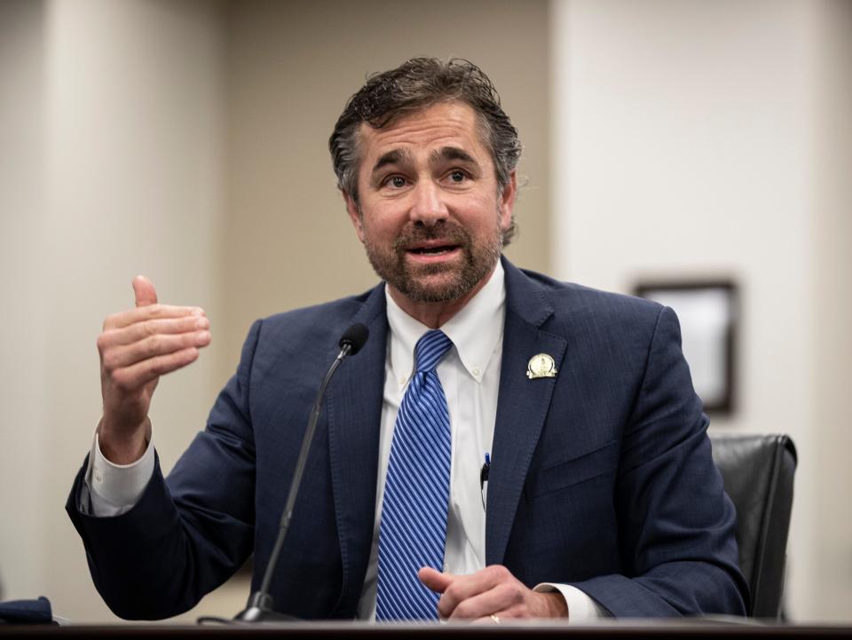 Rep. Chad McCoy, R-Bardstown, makes a point during a House Education Committee hearing on House Bill 563, a school choice bill. March 11, 2021