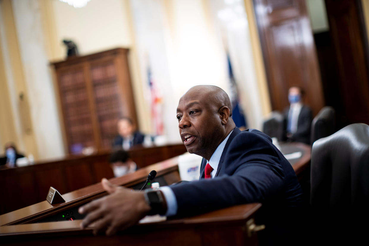 U.S. Senator Tim Scott (R-SC) speaks during a Senate Small Business Committee hearing on coronavirus relief aid and "Implementation of title I of the CARES Act.", in Washington, U.S., June 10, 2020. Al Drago/Pool via REUTERS