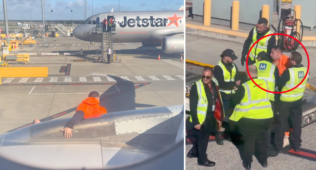 Jetstar passenger arrested after opening emergency door and jumping out of plane at Melbourne Airport