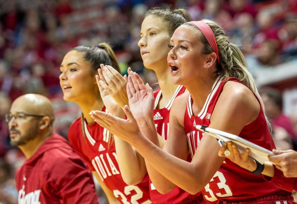 Indiana's Sydney Parrish (33) cheers on her teammates during the Indiana versus Quinnipiac women's basketball game at Simon Skjodt Assembly Hall on Sunday, Nov. 20, 2022.
