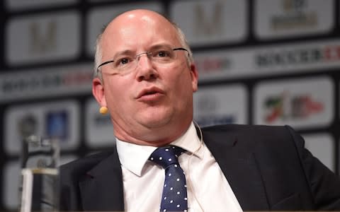 Shaun Harvey, CEO of The Football League, speaks during day two of the SoccerEX Convention at the Manchester Central Convention Complex - Credit: Martin Rickett/PA Wire