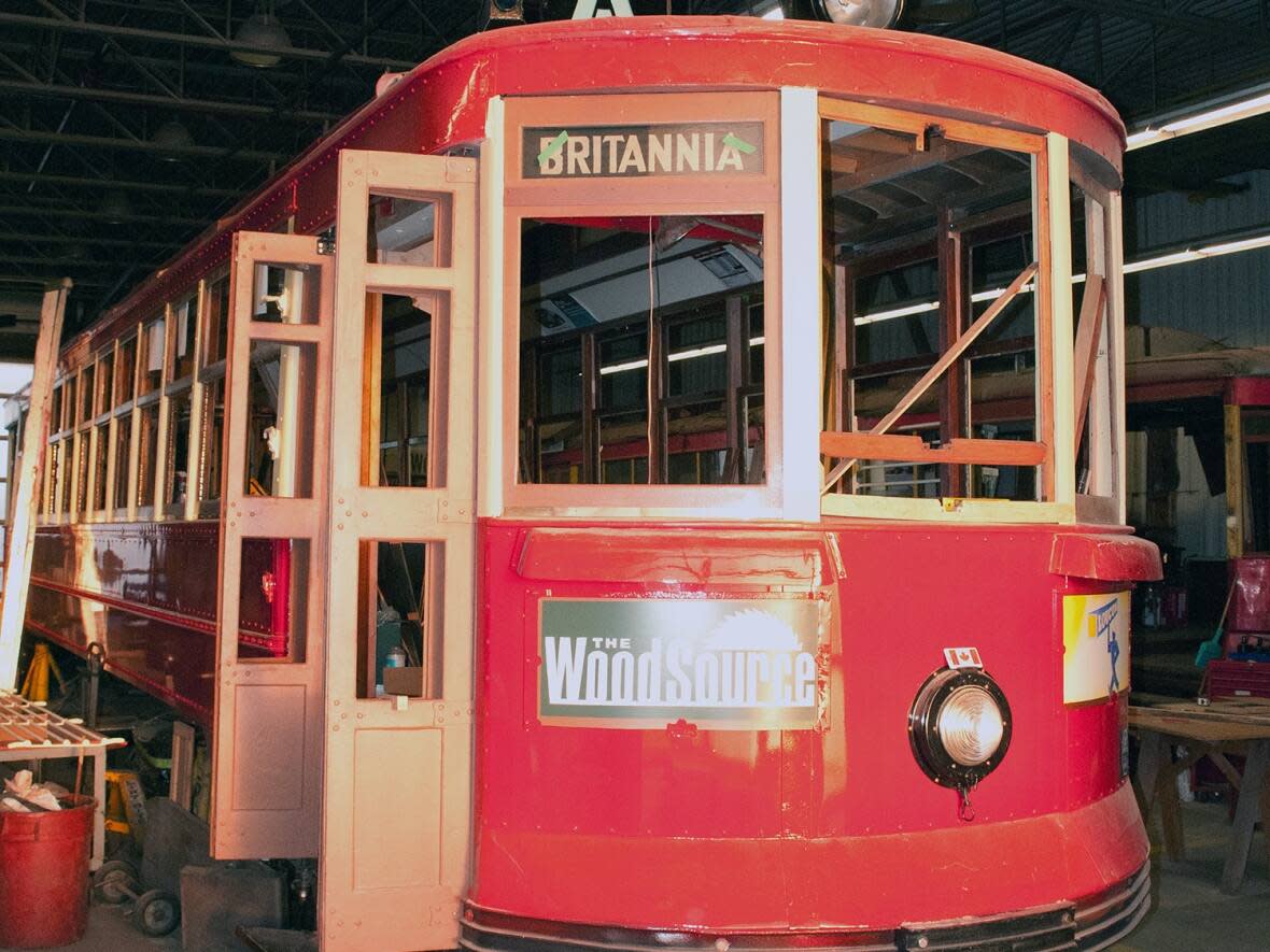 This photo of Streetcar 696, housed at OC Transpo's Merivale garage, was taken in 2020, just a month before the COVID-19 pandemic, which hampered progress on the restoration project.  (Submitted by Gerald Gaugl - image credit)