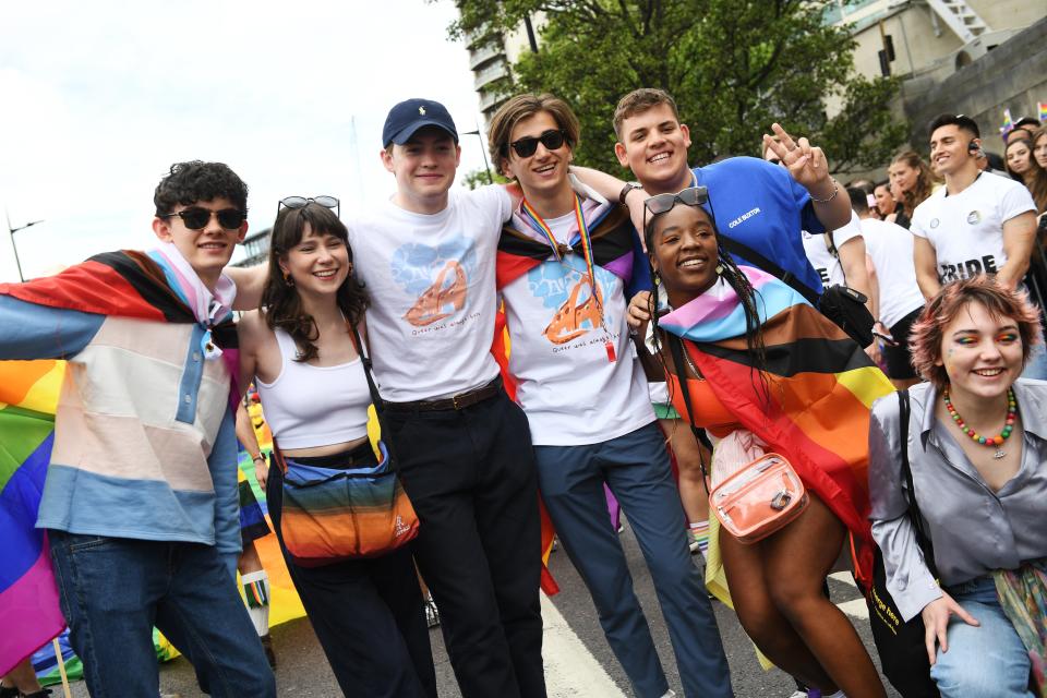 The cast of Heartstopper (L-R) Joe Locke, Jenny Walser, Kit Connor, Sebastian Croft, Tobie Donovan, Corinna Brown and Kizzy Edgell attend Pride in London 2022 (Getty Images)