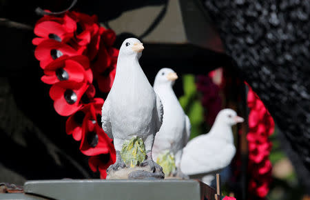 Peace doves are pictured atop of a demilitarised Centurion tank previously owned by the Swiss army at the British curiosities collection called "Little Britain" of Gary Blackburn, a 53-year-old tree surgeon from Lincolnshire, Britain, in Linz-Kretzhaus, south of Germany's former capital Bonn, Germany, August 24, 2017. REUTERS/Wolfgang Rattay