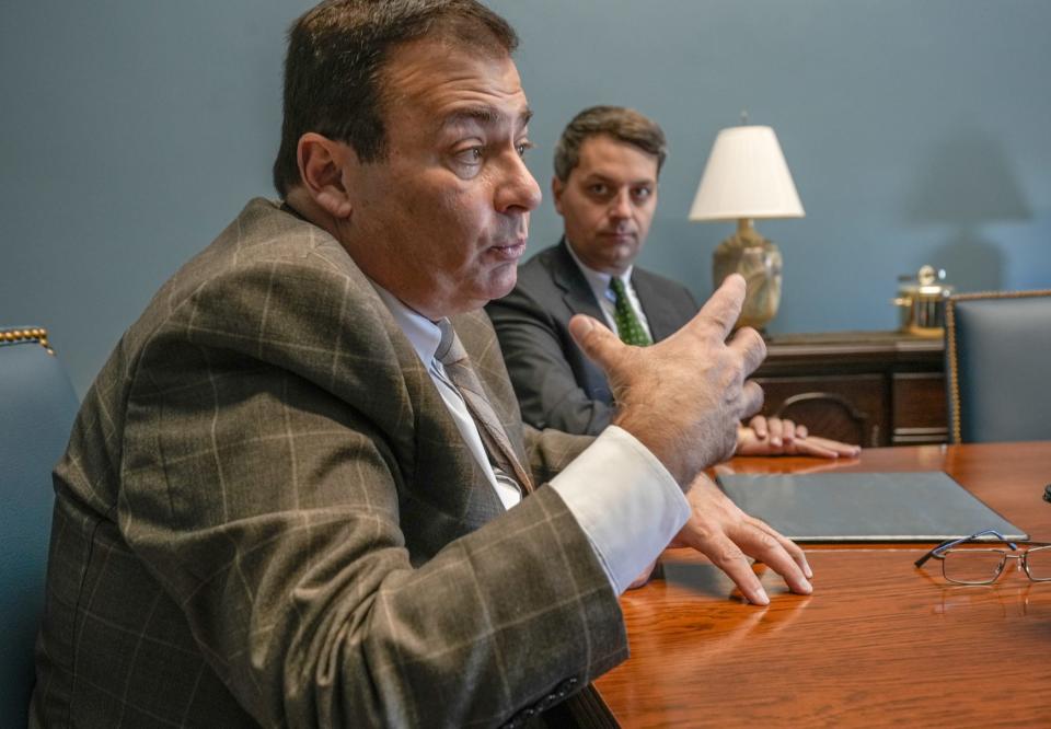 House Speaker K. Joseph Shekarchi with House Majority Leader Chris Blazejewski. Despite a projected $98-million budget surplus and a chunk of federal COVID money that has not yet been spent, the speaker sees clouds on the fiscal horizon.