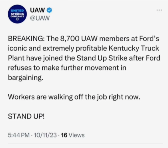 This is a screenshot of a message the UAW posted on X, the site formerly known as Twitter, at 5:44 p.m. on Wednesday, Oct. 11, 2023, announcing a strike of the Ford Kentucky Truck Plant. The post was immediately deleted.