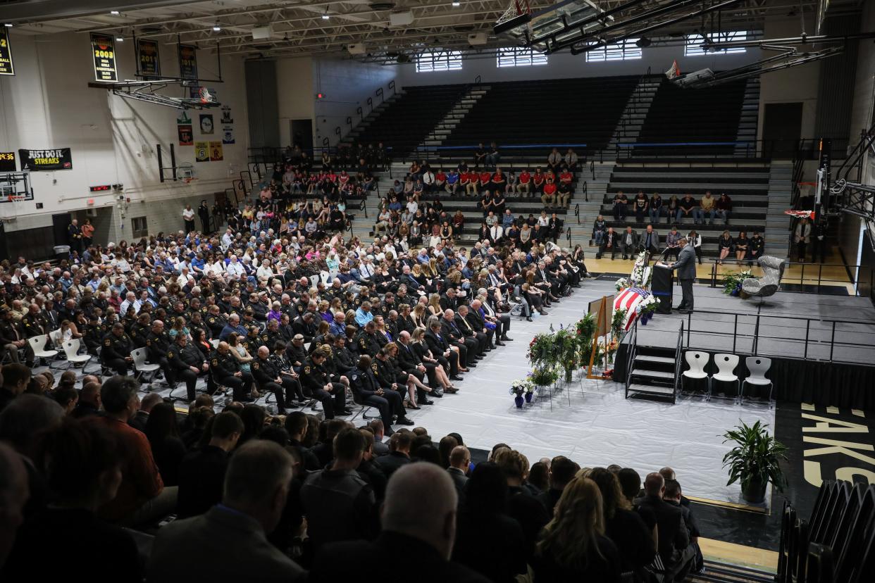 A memorial service for fallen Knox County Sheriff's Deputy Nicholas Weist was held at Galesburg High School on Saturday, May 7, 2022. Weist was hit and killed by a car April 29 as he was setting out spike strips at the intersection of U.S. Route 150 and 150th Avenue near Alpha to stop a vehicle fleeing from Galesburg police.