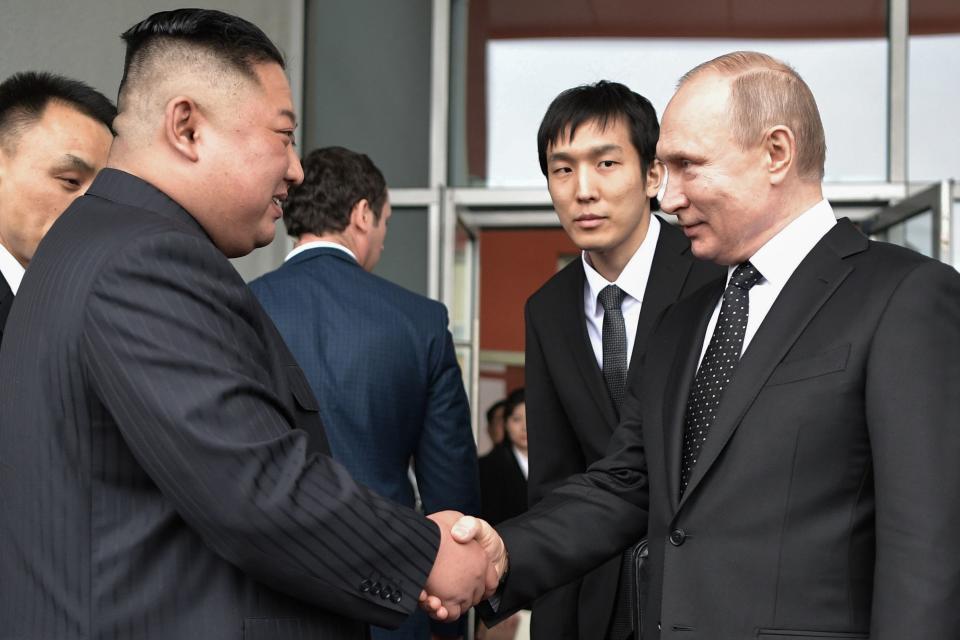 Russian President Vladimir Putin sees North Korean leader Kim Jong Un off following their talks at the Far Eastern Federal University campus on Russky island in the far-eastern Russian port of Vladivostok on April 25, 2019. (Photo by Alexey NIKOLSKY / SPUTNIK / AFP)        (Photo credit should read ALEXEY NIKOLSKY/AFP via Getty Images)