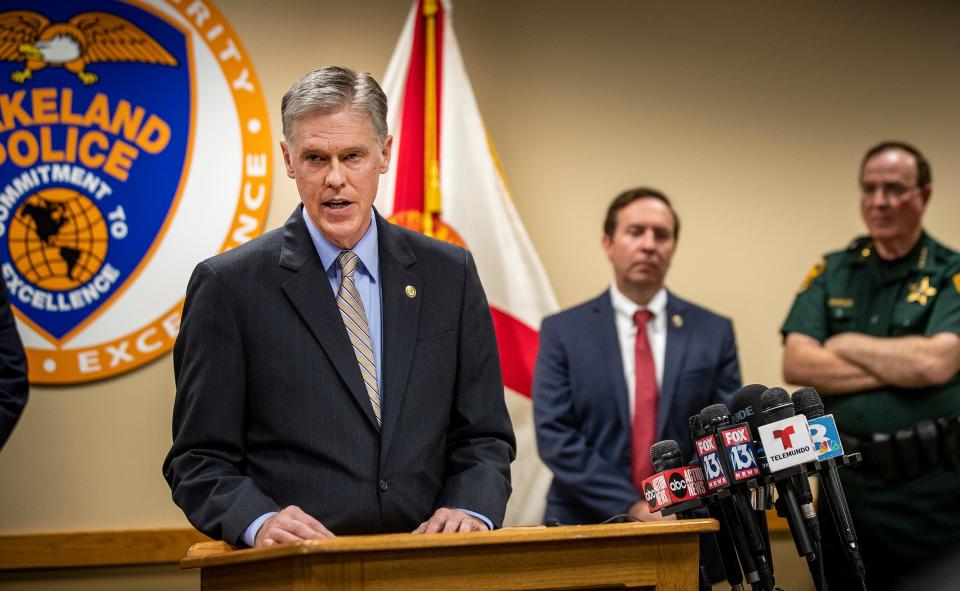 U.S. Attorney Roger B.Handberg speaks during a press conference regarding charges against suspects involved in the recent drive-by shooting during a press conference at Lakeland Police Department in Lakeland Fl  Wednesday February 15,2023.Handberg announced charges against two Lakeland men in connection with the Jan. 30 drive-by shooting that sent 11 people to the hospital - two of which remain in critical condition.Ernst Peters/The Ledger